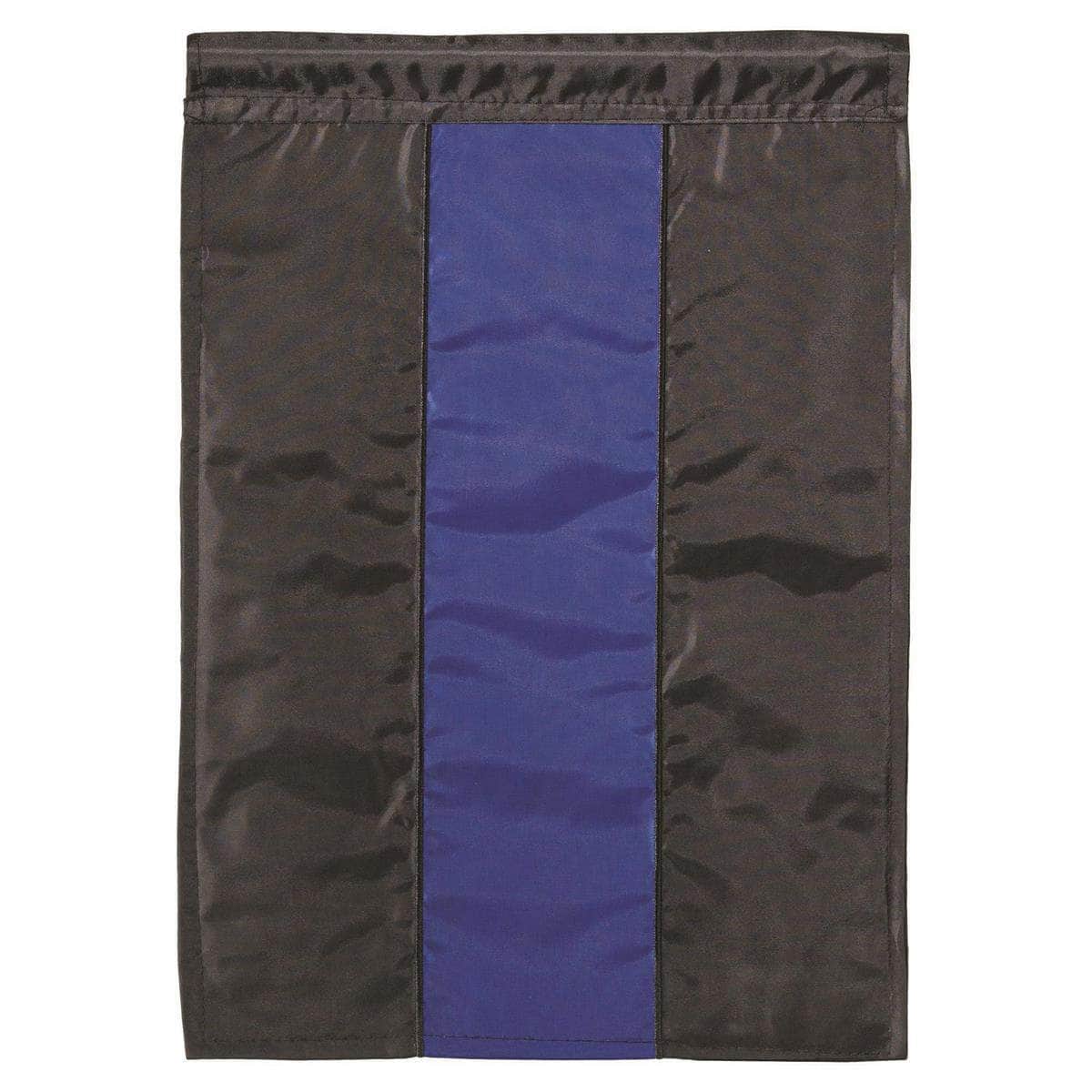 Thin Blue Line Police Garden Flag with double-thickness design, intricate applique stitching, and durable nylon construction for patriotic outdoor décor.