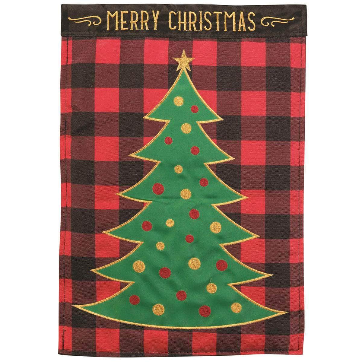 Tree Merry Christmas flag with intricate design, vibrant embroidery, and durable construction for holiday outdoor decor.