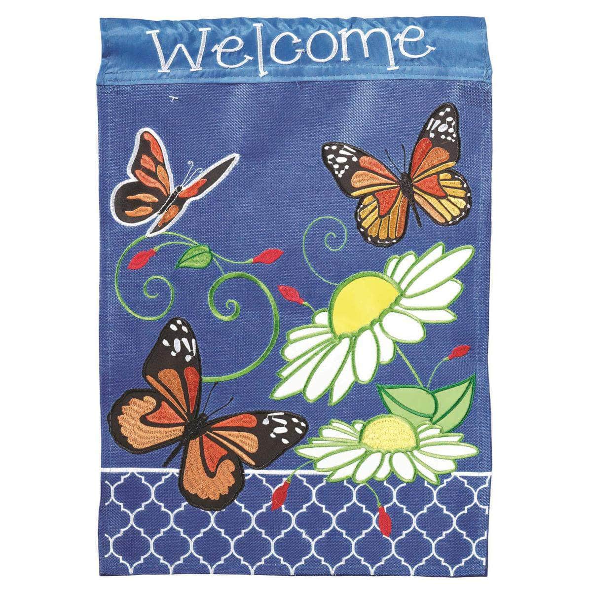 Welcome Butterfly Trio Garden Flag with double-thickness design, intricate applique stitching, and durable nylon construction for colorful outdoor décor.