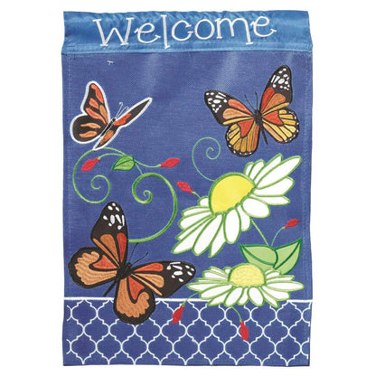 Welcome Butterfly Trio Garden Flag with double-thickness design, intricate applique stitching, and durable nylon construction for colorful outdoor décor.