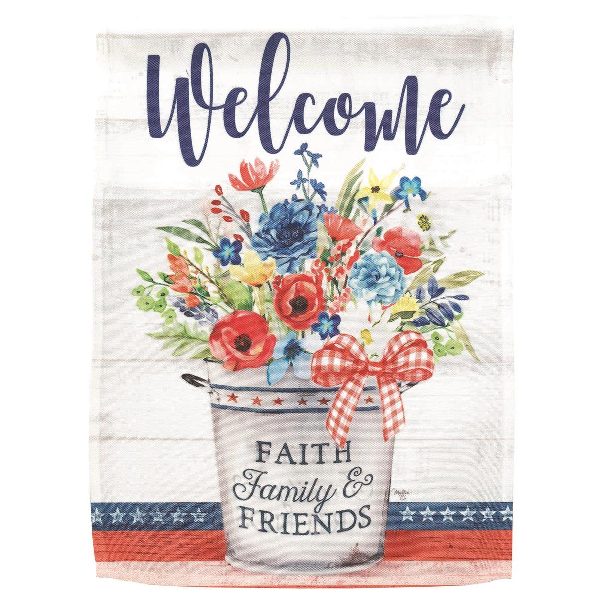 Printed 13x18 garden flag with a 'Welcome' greeting and a jar of red, white, and blue flowers; patriotic outdoor decor.