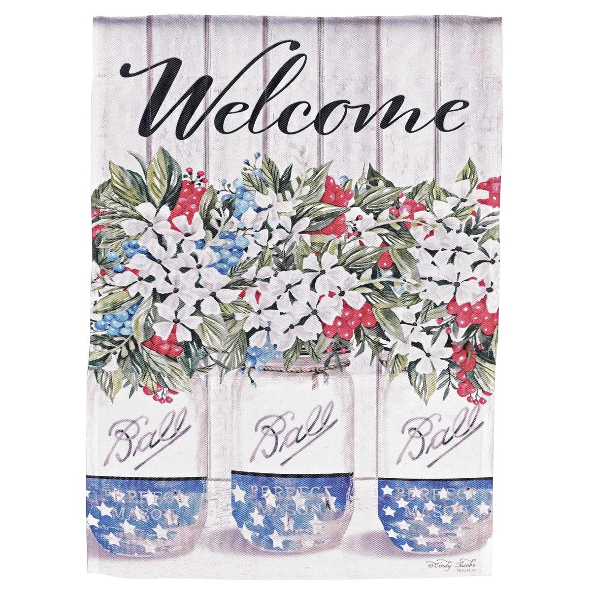 13x18 printed floral garden flag: Welcome Red White Blue Blooms with patriotic red, white, and blue flowers and welcoming script.