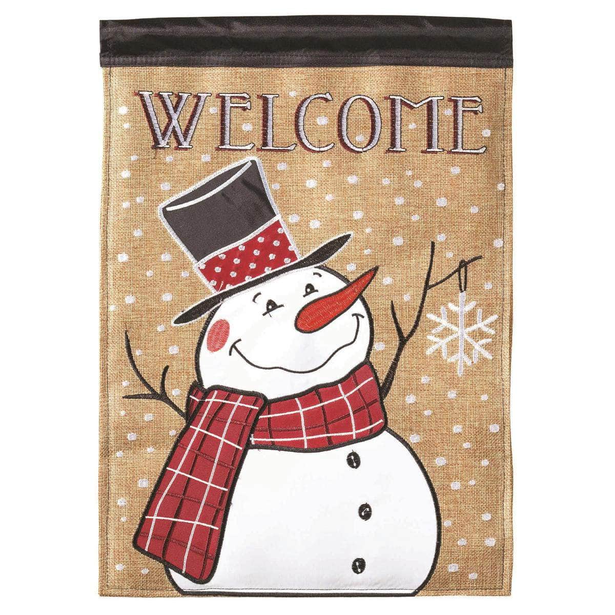 Welcome Snowman Scarf Burlap Garden Flag with double-thickness design, intricate applique stitching, and durable burlap and nylon construction for festive winter décor.