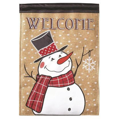 Welcome Snowman Scarf Burlap Garden Flag with double-thickness design, intricate applique stitching, and durable burlap and nylon construction for festive winter décor.