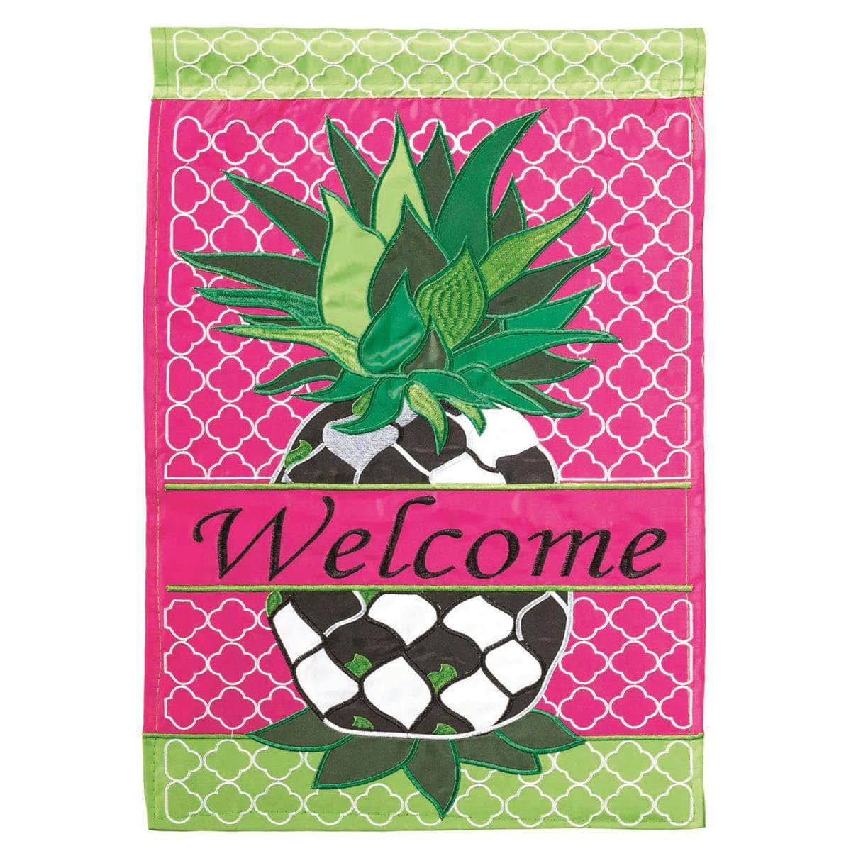Welcome Whimsy Pineapple Garden Flag with double-thickness design, intricate applique stitching, and durable nylon construction for fun outdoor décor.
