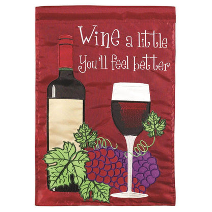 Wine A Little Garden Flag with double-thickness design, intricate applique stitching, and durable nylon construction for fun outdoor décor.