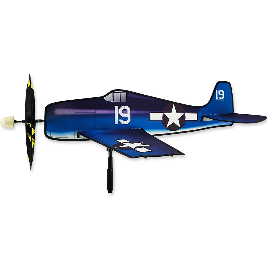 Hell Cat airplane spinner with 27 in. width, ripstop polyester frame, fiberglass supports, and spinning 9.5 in. propeller. Includes durable ground stake.