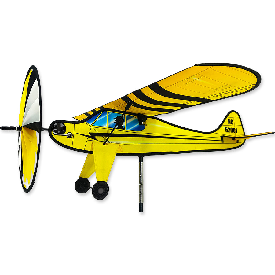 Premier Cub airplane spinner with 21 x 27 in. frame, bright graphics, ripstop polyester sail, and fiberglass rods. Ideal for breezy garden décor.