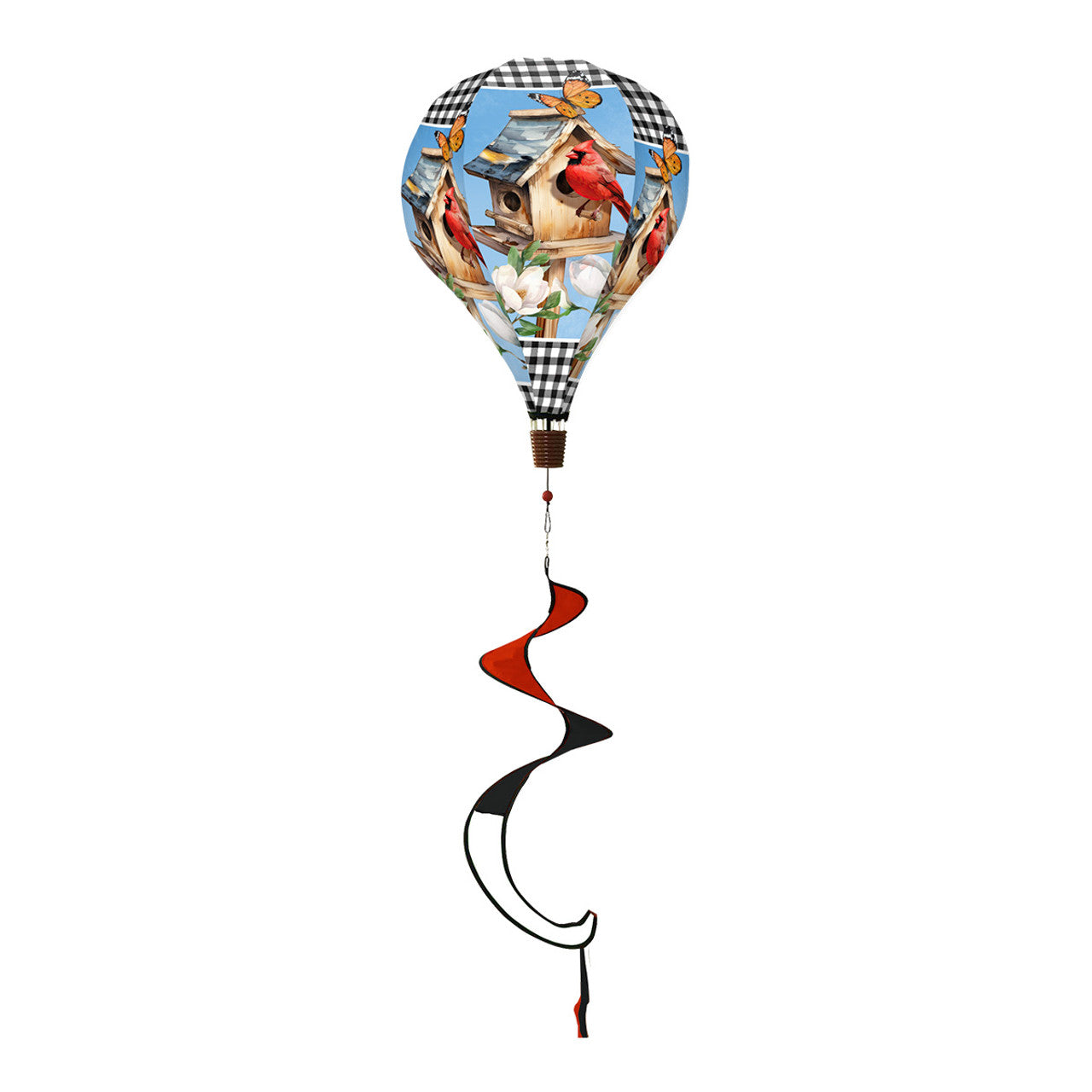 Inspirational cardinal hot air balloon spinner with vivid red birds, spiritual message, and smooth motion for uplifting outdoor home and garden décor.