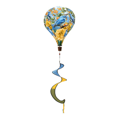 Hot air balloon spinner with pink roses and bluebirds, durable polyester build, and breezy tail for elegant, nature-inspired outdoor spring and summer décor.
