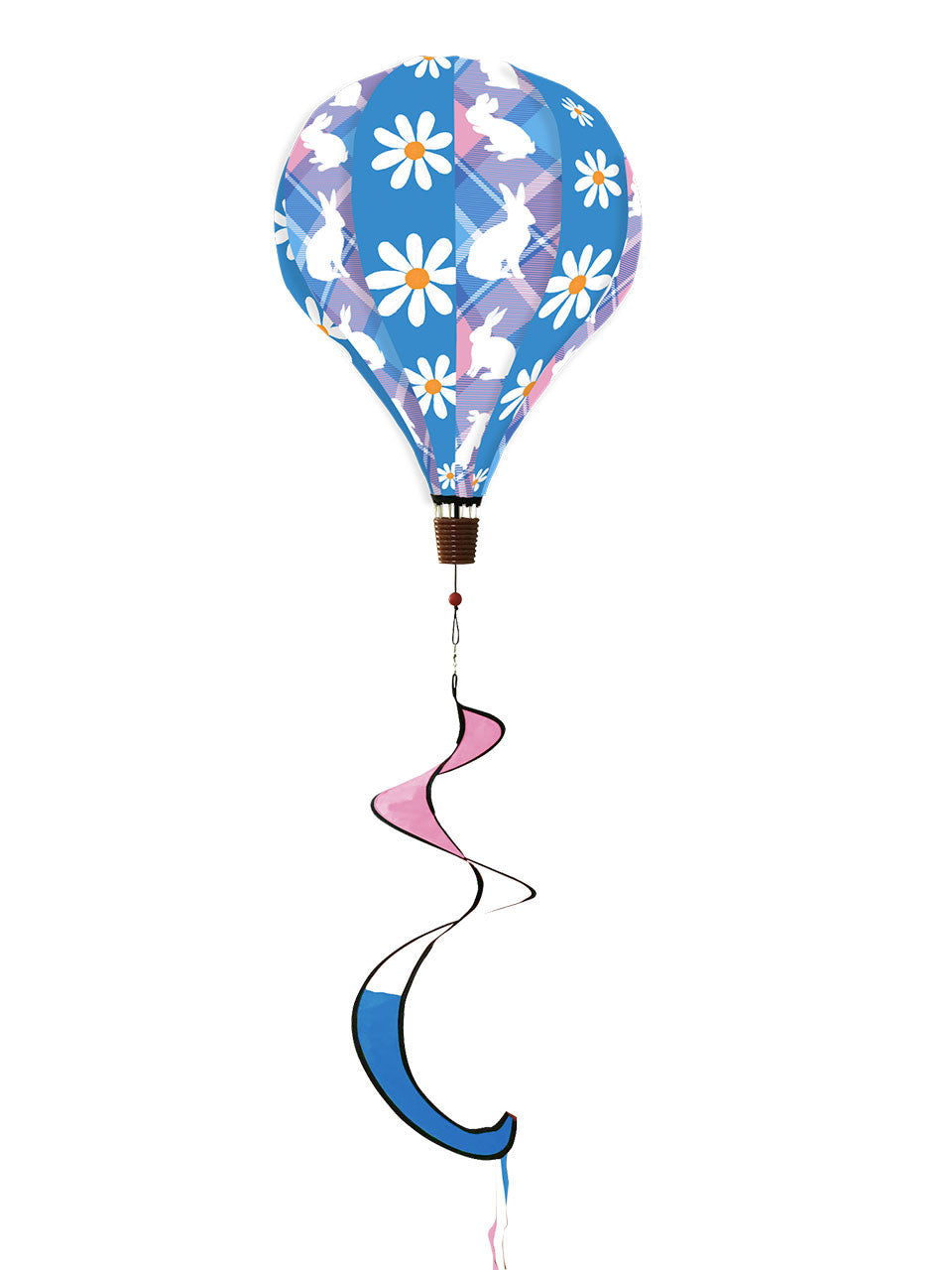 Hot air balloon spinner with spring bunnies, Easter florals, and pastel colors, crafted from weather-resistant polyester for cheerful outdoor garden décor.