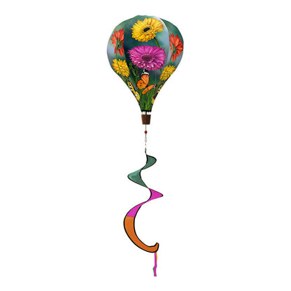 Hot air balloon spinner with butterflies and daisies, durable polyester, and flowing tail for colorful, nature-inspired spring and summer garden décor.