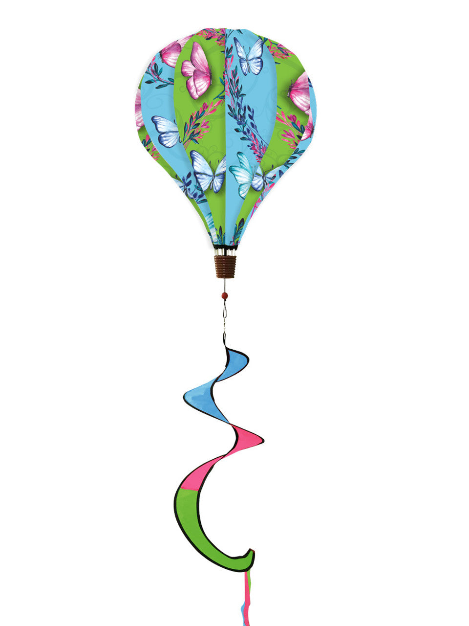 Hot air balloon spinner with colorful butterflies, durable polyester, and flowing tail for breezy spring and summer garden or patio décor.