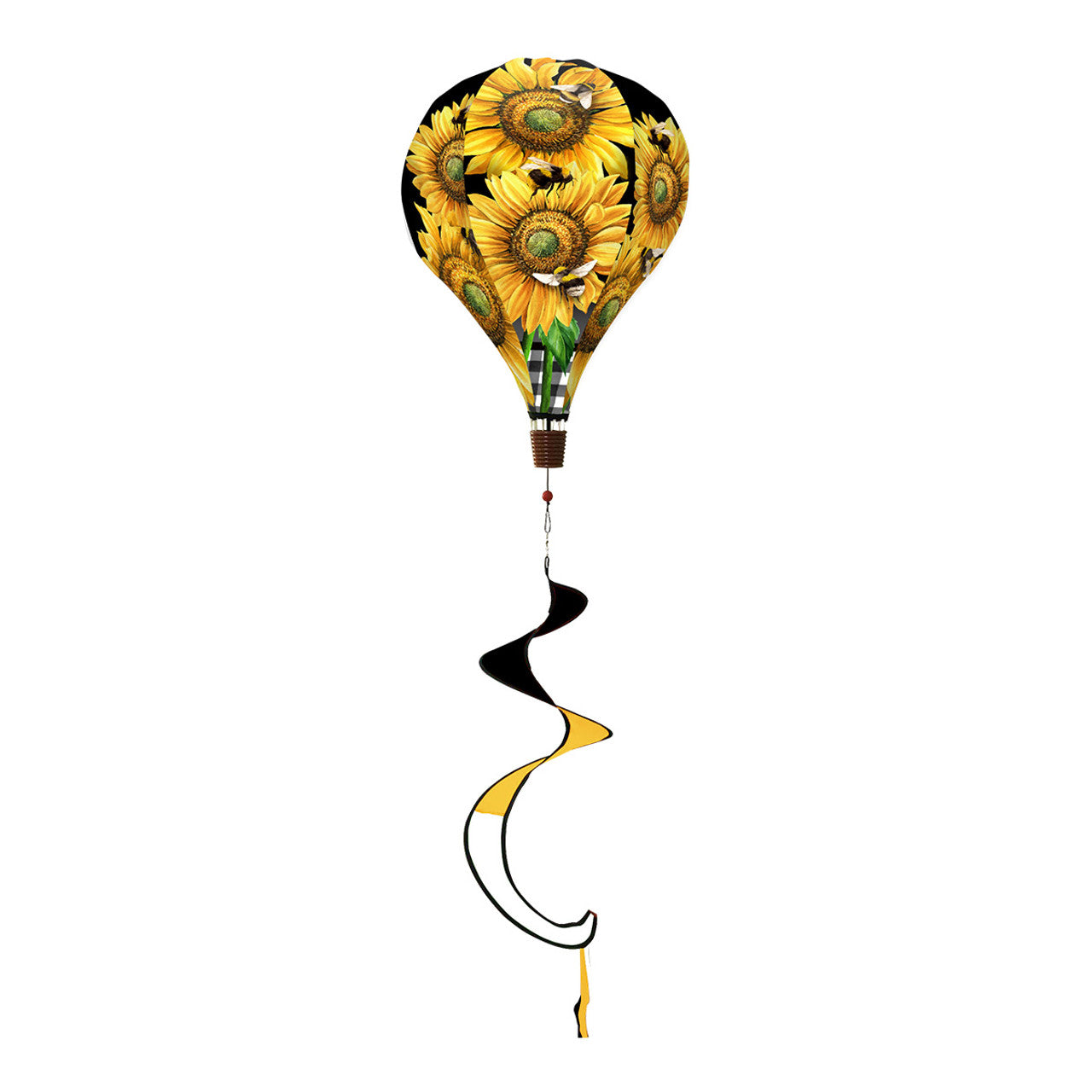 Hot air balloon spinner with blooming sunflowers and buzzing bees, crafted from weather-resistant polyester for vibrant, breezy outdoor seasonal décor.