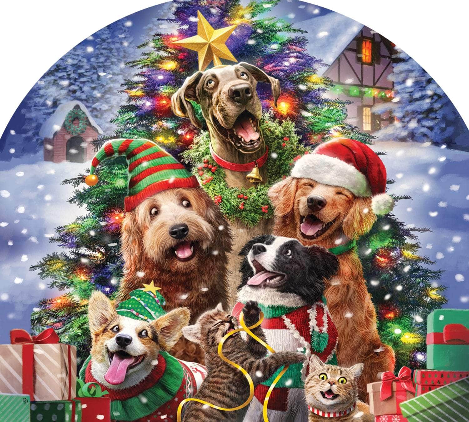 Cats and Dogs Tree Arbor Mate panel featuring playful animals and a decorated holiday tree, crafted from durable PVC to bring festive fun to your garden or outdoor space.