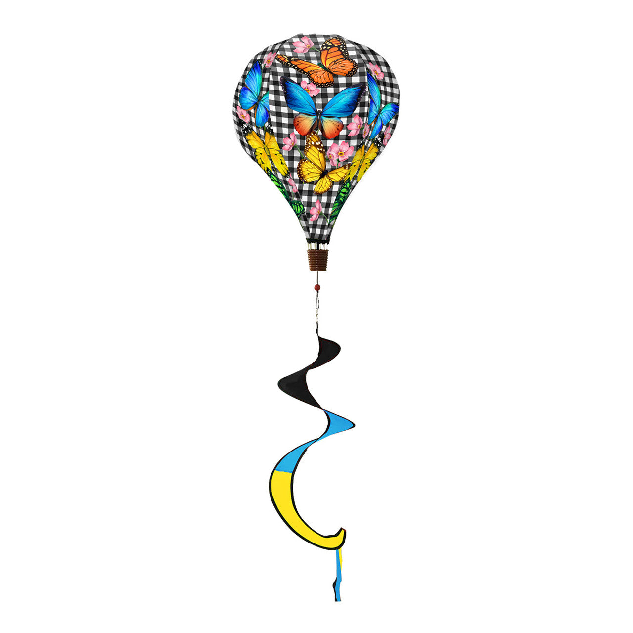 Hot air balloon spinner with checkered background and colorful butterflies, made of weather-resistant polyester for fun, breezy outdoor spring or summer décor.