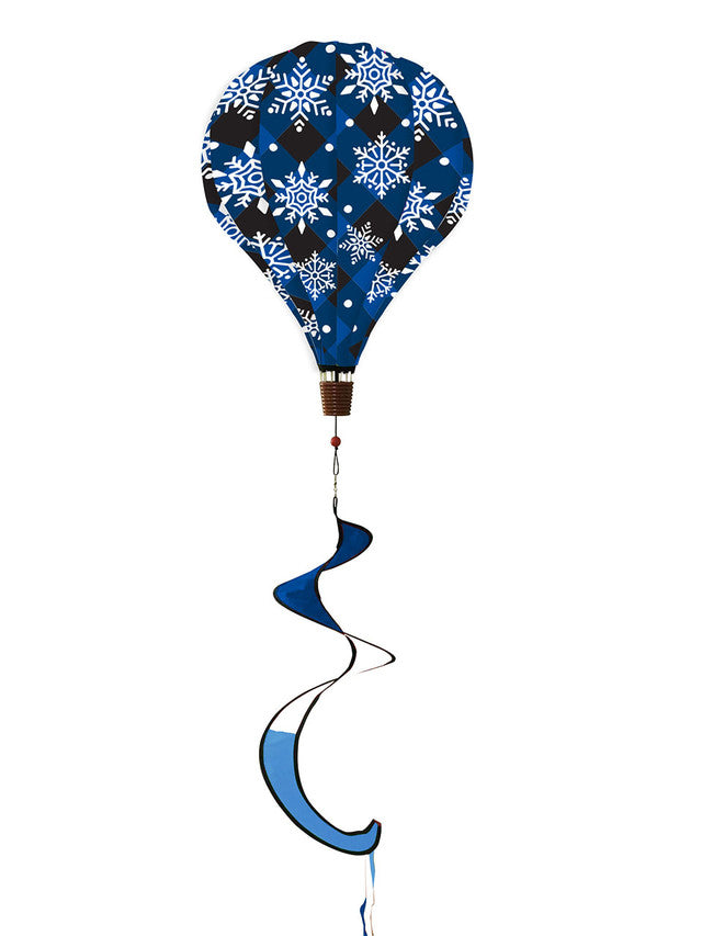 Hot air balloon spinner with snowflakes on buffalo plaid, crafted from weather-resistant polyester for festive, breezy winter and holiday outdoor décor.