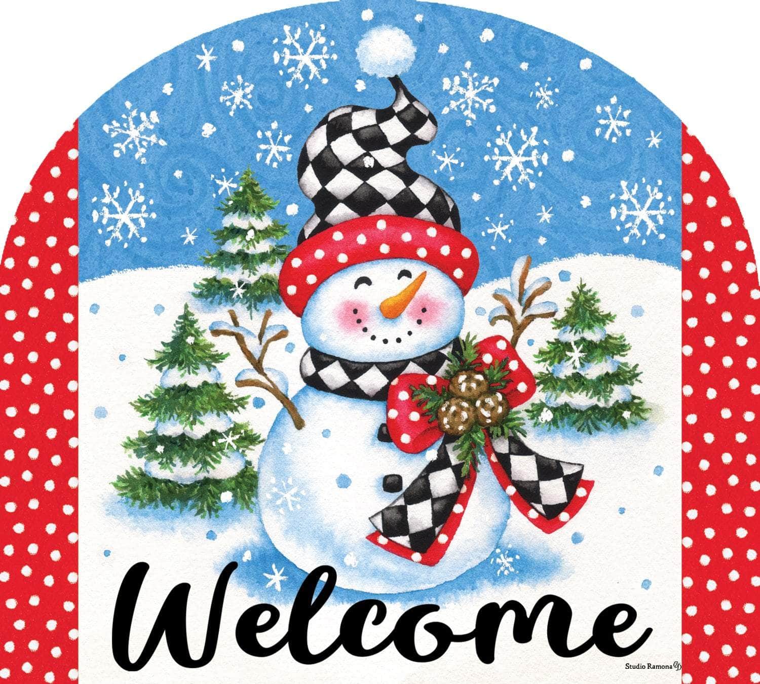 Checkered Snowman Arbor Mate panel featuring a cheerful snowman with a checkered scarf, crafted from durable PVC to bring festive charm to your garden or outdoor space.