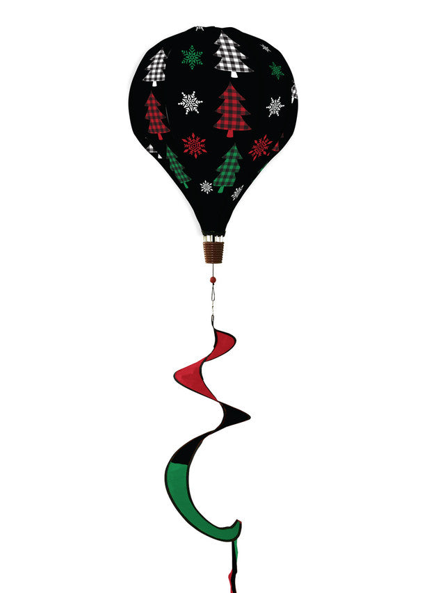 Deluxe hot air balloon spinner with plaid trees and burlap-style polyester for cozy, weather-resistant outdoor holiday and winter garden décor.