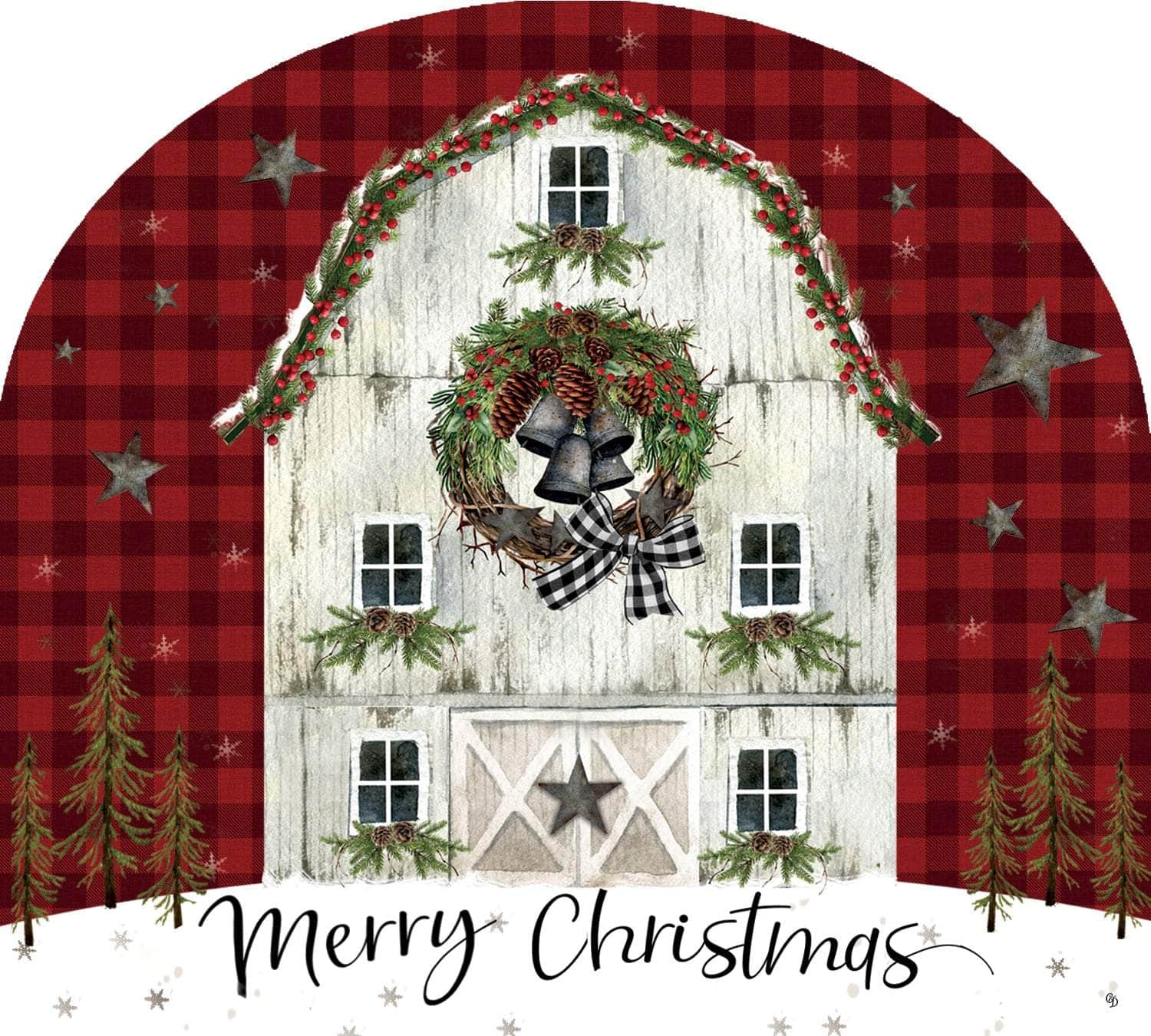 Christmas Barn Arbor Mate panel featuring a cozy barn scene with festive decorations, crafted from durable PVC to bring a warm, rustic holiday charm to your garden or outdoor space.