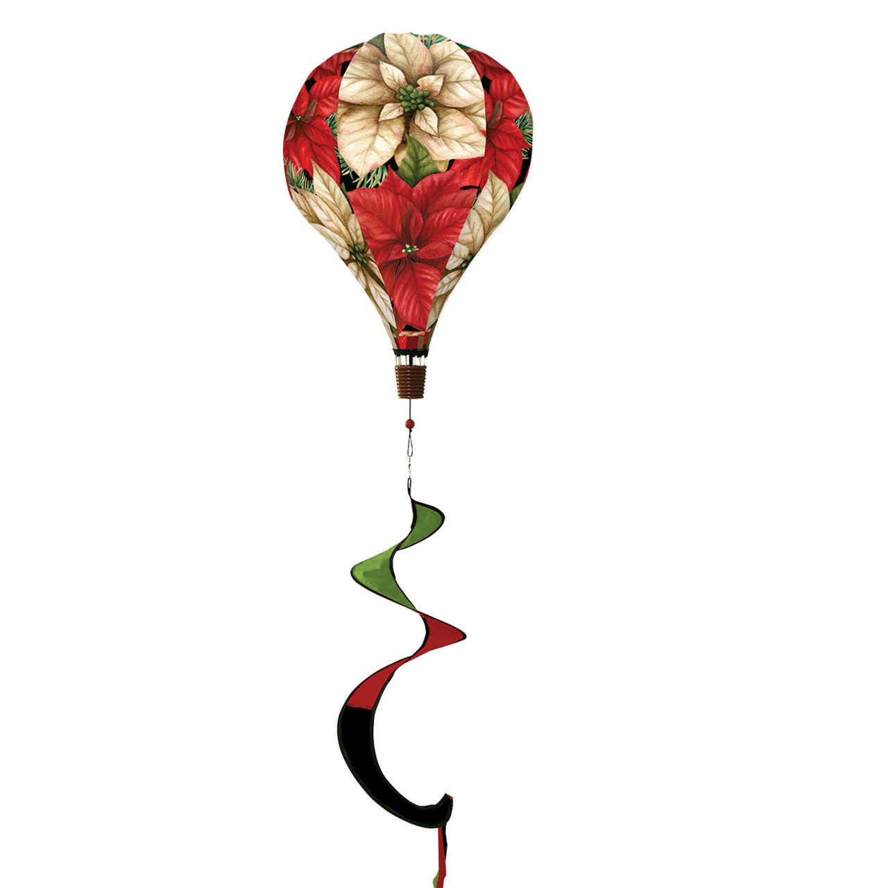 Hot air balloon spinner with red poinsettias, holly, and greenery, made of weather-resistant polyester for elegant, festive holiday outdoor garden décor.