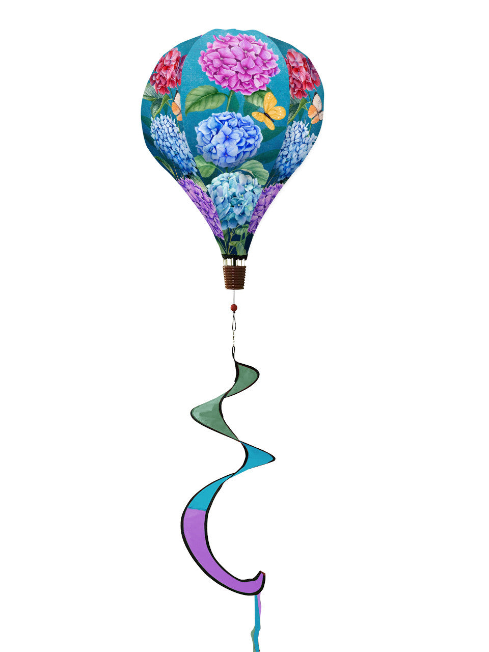 Hot air balloon spinner with watercolor hydrangeas, durable polyester fabric, and breezy motion for charming spring and summer outdoor floral décor.