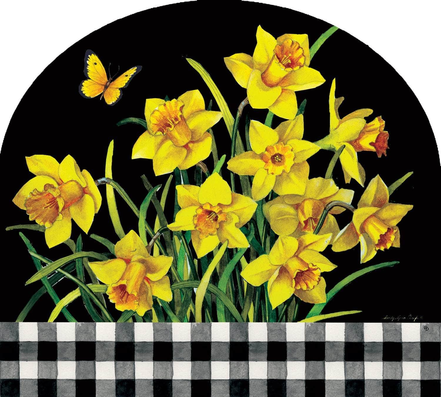 Daffodil Check Arbor Mate panel with vibrant daffodils and a bold checkered pattern, crafted from durable PVC to add a cheerful touch to your garden or front yard.