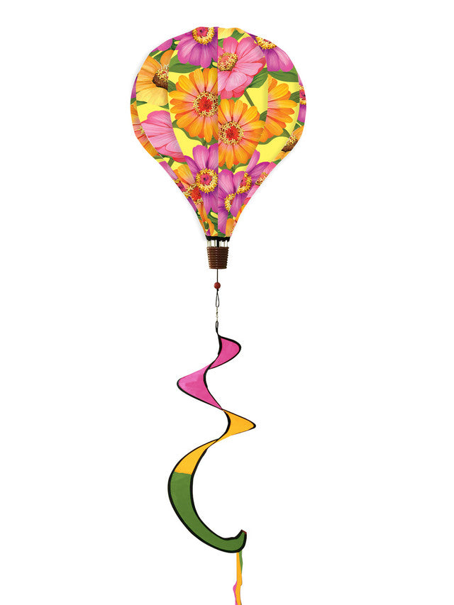 Hot air balloon spinner with white daisies and soft pastels, crafted from weather-resistant polyester for fresh, breezy spring and summer garden décor.