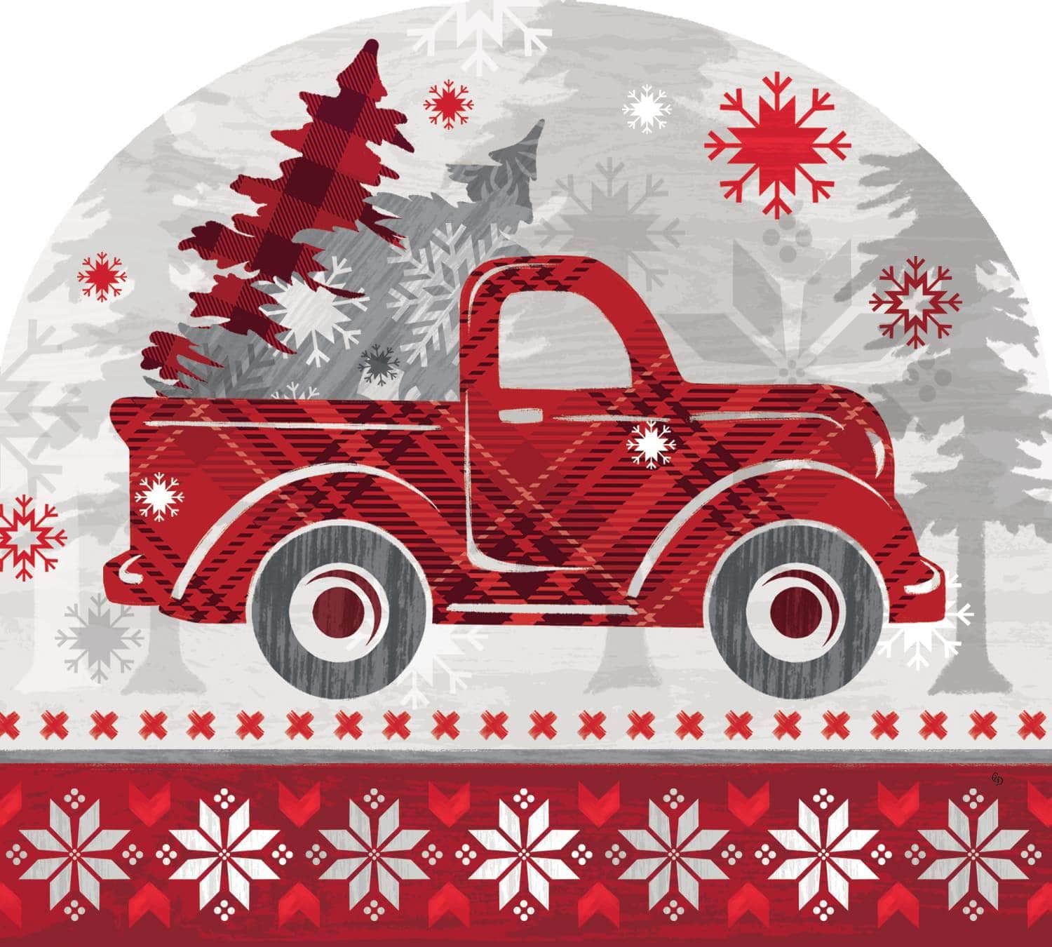Dashing Truck Arbor Mate panel with intricate applique design and durable PVC construction to add festive charm and elegance to your garden or front yard.