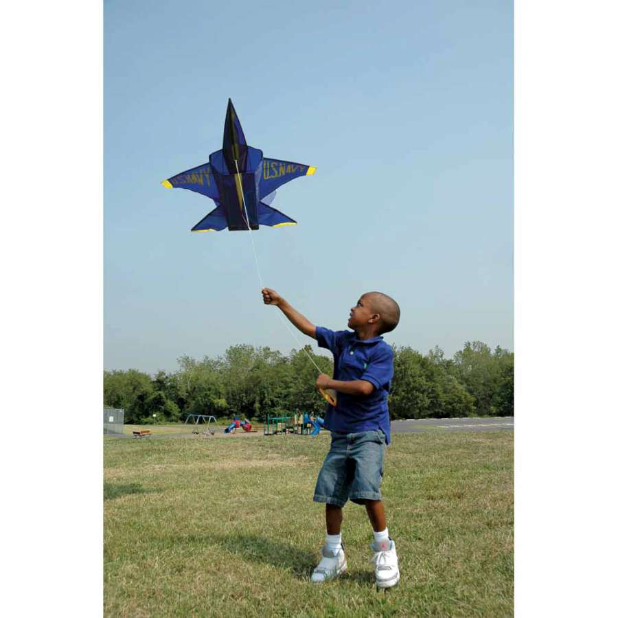3D Blue Angel jet kite with navy and yellow livery, ripstop sail, fiberglass frame, and 300 ft. line included. Stored in fabric case with color header.