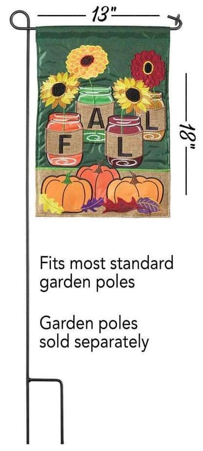 Fall Mason Jars Burlap Garden Flag with double-thickness design, intricate applique stitching, and durable nylon and burlap construction for festive fall décor.