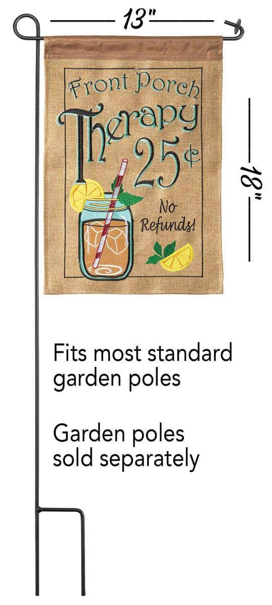 Front Porch Therapy 25 Cents Garden Flag with double-thickness design, intricate applique stitching, and durable nylon construction for rustic outdoor décor.