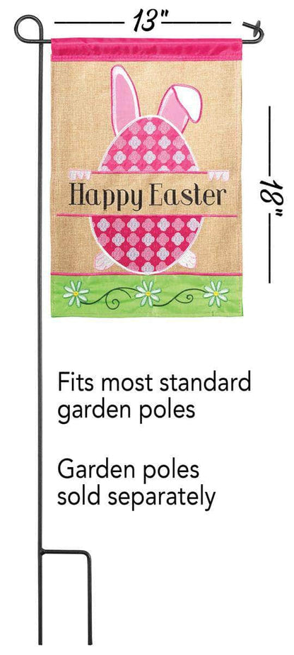 Happy Easter Egg Burlap Garden Flag with double-thickness design, intricate applique stitching, and durable burlap and nylon construction for festive outdoor décor.