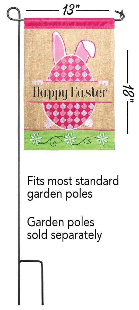 Happy Easter Egg Burlap Garden Flag with double-thickness design, intricate applique stitching, and durable burlap and nylon construction for festive outdoor décor.