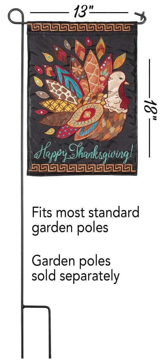 Happy Thanksgiving Patterned Turkey Garden Flag with double-thickness design, intricate applique stitching, and durable nylon construction for festive outdoor décor.