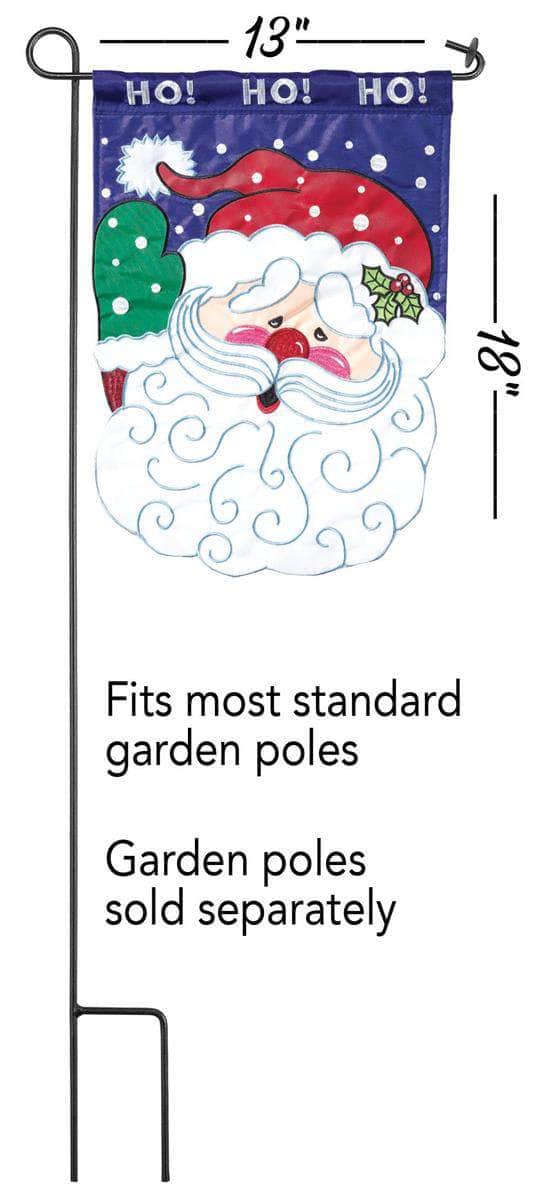 Ho Ho Ho Santa Garden Flag with double-thickness design, intricate applique stitching, and durable nylon construction for merry outdoor décor.