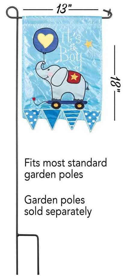 It's A Boy Garden Flag with double-thickness design, intricate applique stitching, and durable nylon construction for cheerful outdoor décor.