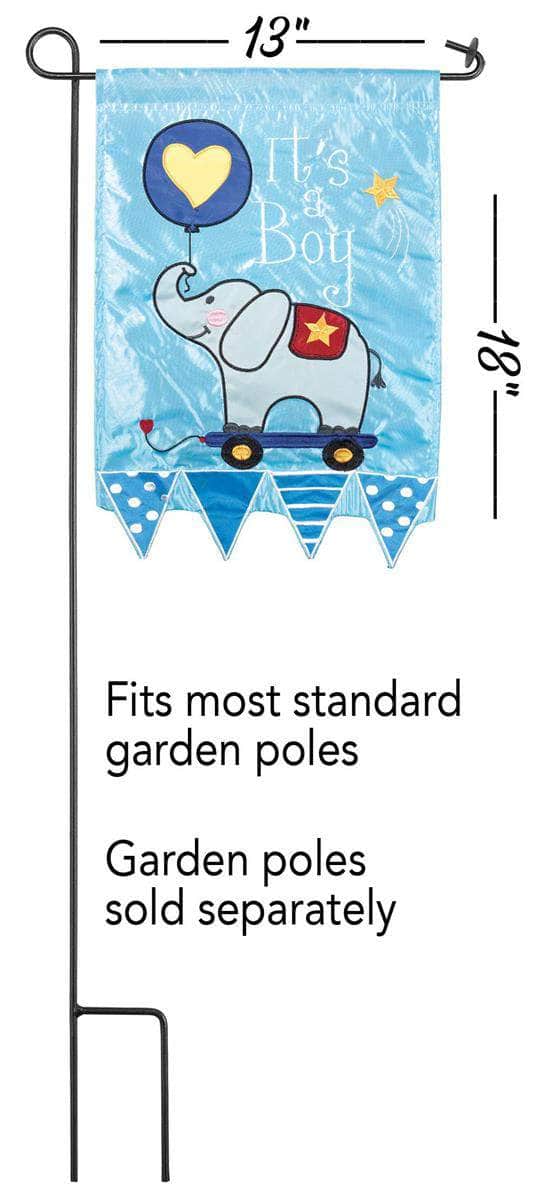 It's A Boy Garden Flag with double-thickness design, intricate applique stitching, and durable nylon construction for cheerful outdoor décor.