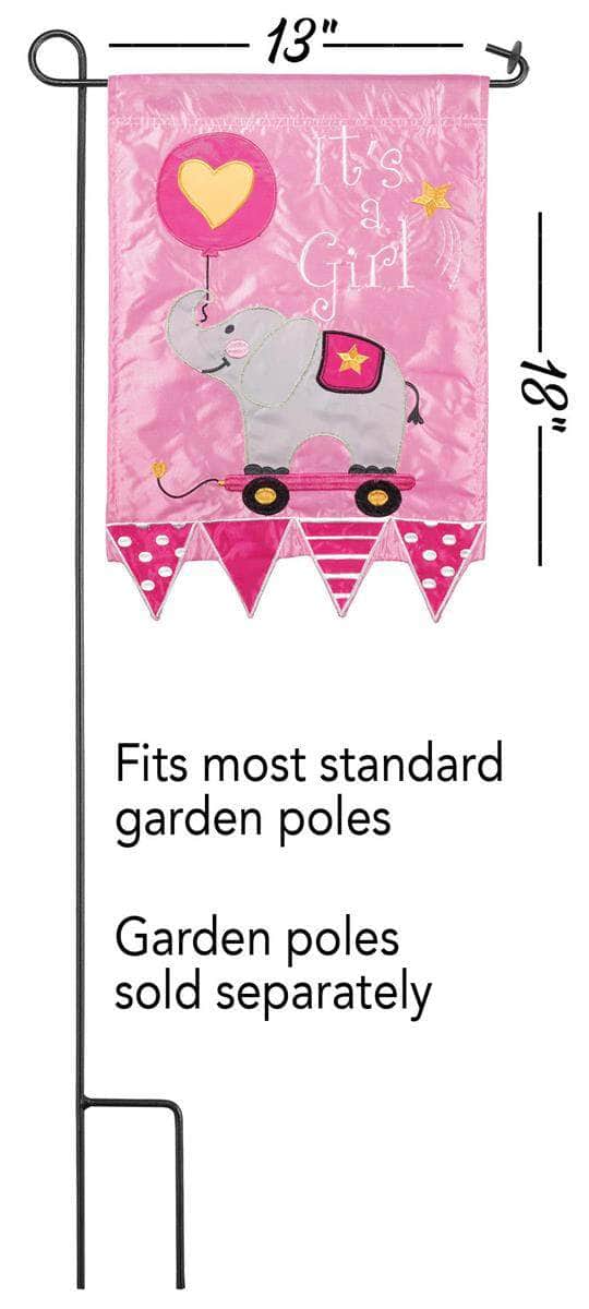 It's A Girl Garden Flag with double-thickness design, intricate applique stitching, and durable nylon construction for cheerful outdoor décor.