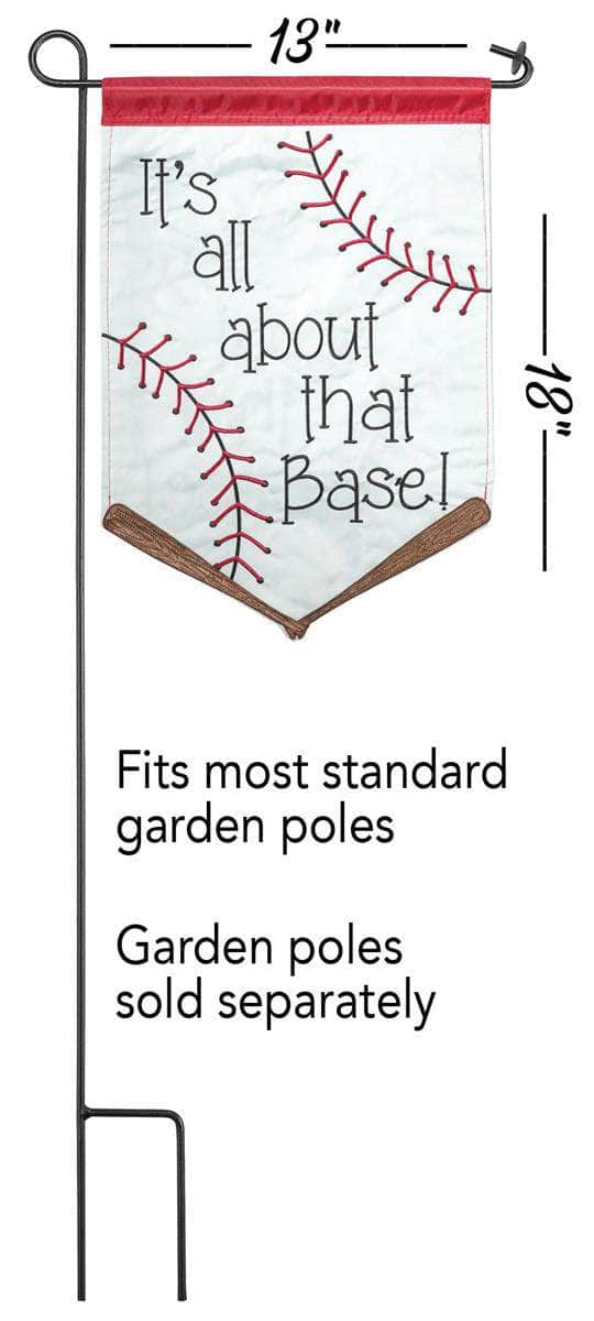 It's All About That Base Garden Flag with double-thickness design, intricate applique stitching, and durable nylon construction for playful outdoor décor.