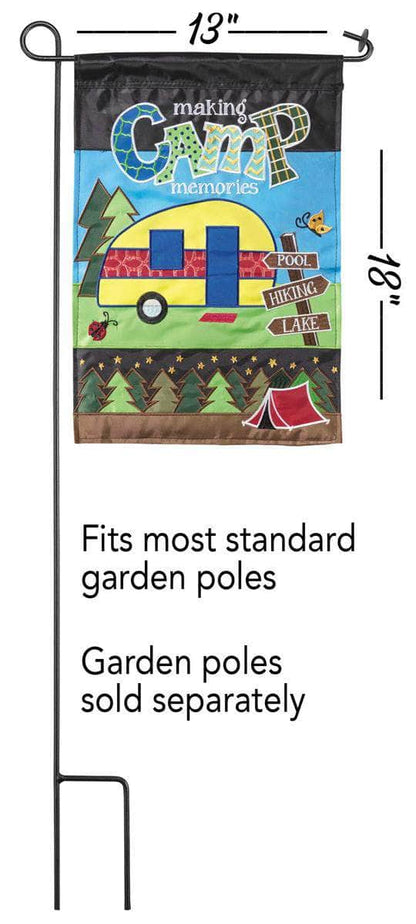 Making Camp Memories Garden Flag with double-thickness design, intricate applique stitching, and durable nylon construction for outdoor adventure décor.
