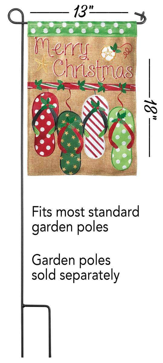 Merry Christmas Flip Flops Burlap Garden Flag with double-thickness design, intricate applique stitching, and durable burlap and nylon construction for unique holiday décor.