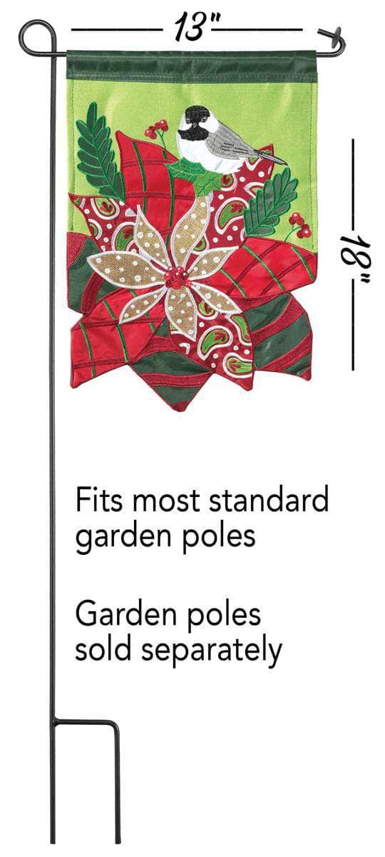 Poinsettia Burlap Garden Flag with double-thickness design, intricate applique stitching, and durable burlap and nylon construction for Christmas outdoor décor.