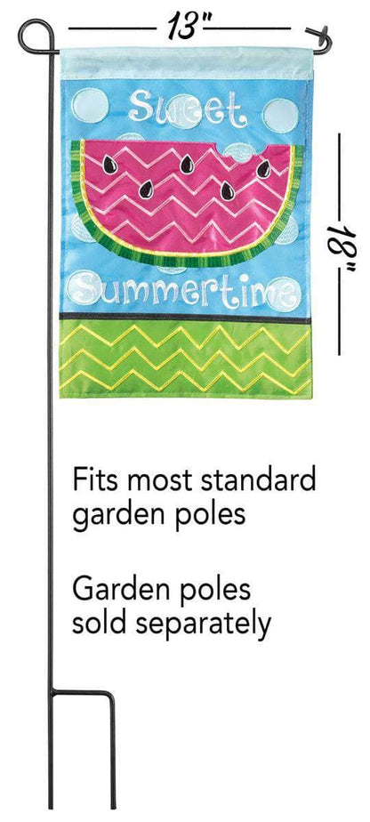 Sweet Summertime Garden Flag with double-thickness design, intricate applique stitching, and durable nylon construction for bright outdoor décor.