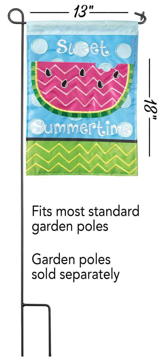 Sweet Summertime Garden Flag with double-thickness design, intricate applique stitching, and durable nylon construction for bright outdoor décor.