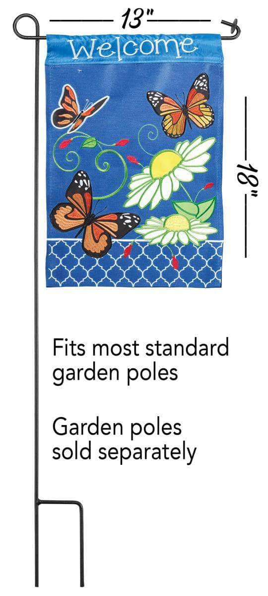 Welcome Butterfly Trio Garden Flag with double-thickness design, intricate applique stitching, and durable nylon construction for colorful outdoor décor.