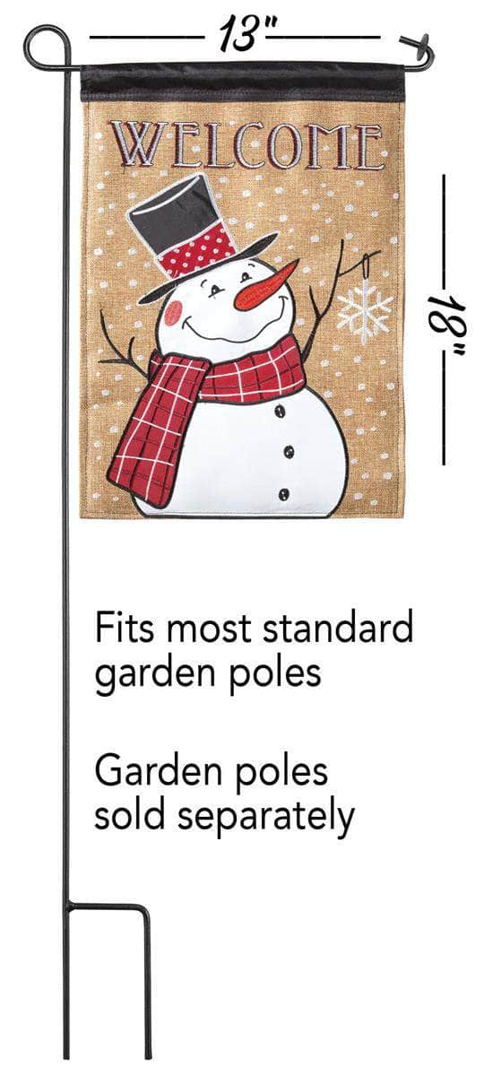 Welcome Snowman Scarf Burlap Garden Flag with double-thickness design, intricate applique stitching, and durable burlap and nylon construction for festive winter décor.