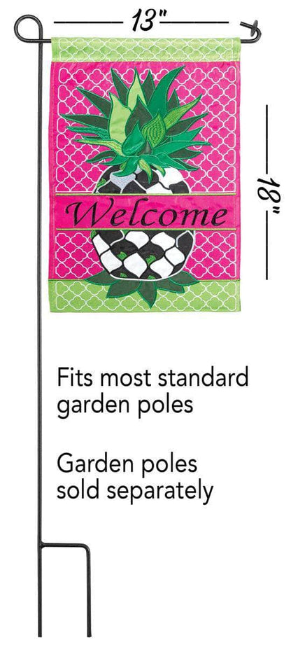 Welcome Whimsy Pineapple Garden Flag with double-thickness design, intricate applique stitching, and durable nylon construction for fun outdoor décor.