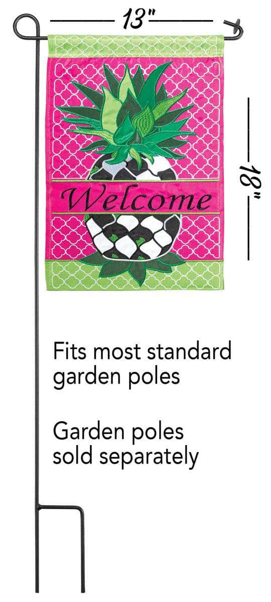 Welcome Whimsy Pineapple Garden Flag with double-thickness design, intricate applique stitching, and durable nylon construction for fun outdoor décor.