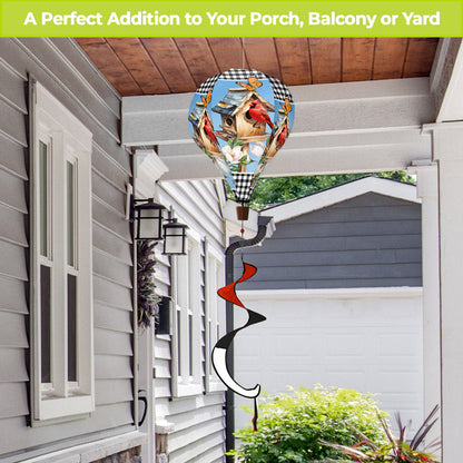 Inspirational cardinal hot air balloon spinner with vivid red birds, spiritual message, and smooth motion for uplifting outdoor home and garden décor.